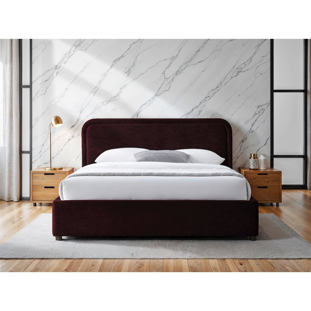 Chloe Upholstered Platform Queen Bed in Burgundy Fabric. Picture 5