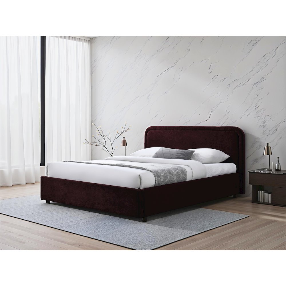 Chloe Upholstered Platform Queen Bed in Burgundy Fabric. Picture 6