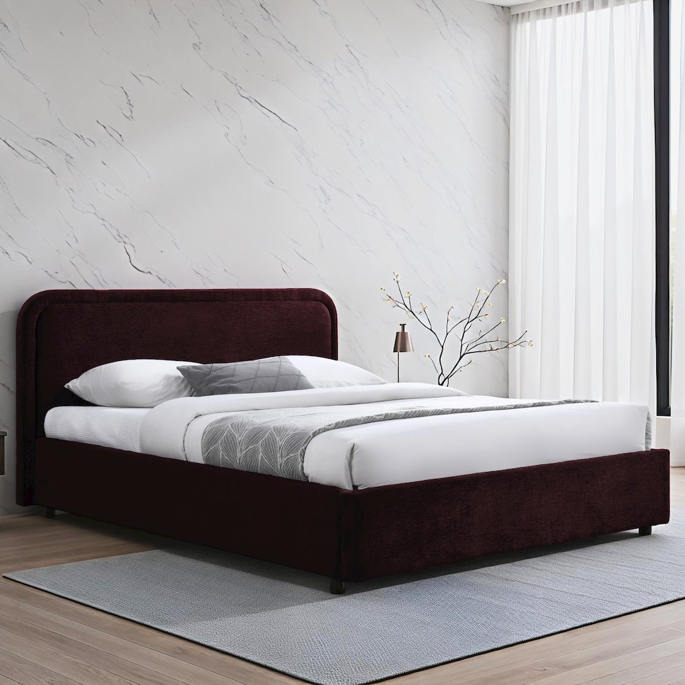 Chloe Upholstered Platform Queen Bed in Burgundy Fabric. Picture 7