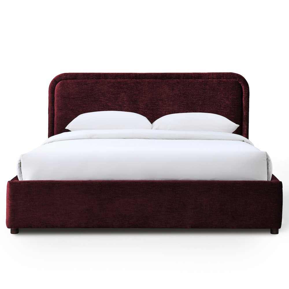 Chloe Upholstered Platform Queen Bed in Burgundy Fabric. Picture 1