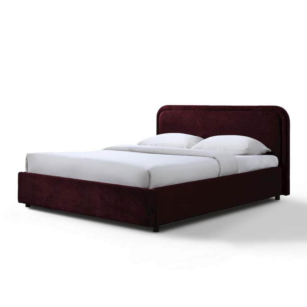 Chloe Upholstered Platform Queen Bed in Burgundy Fabric. Picture 2