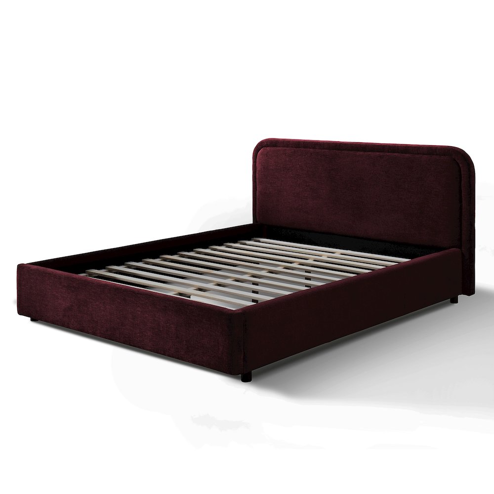 Chloe Upholstered Platform Queen Bed in Burgundy Fabric. Picture 3