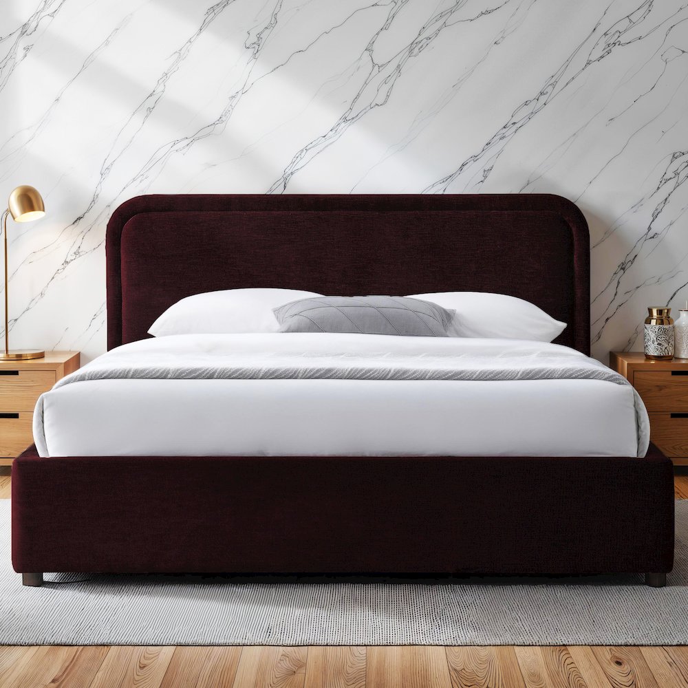 Chloe Upholstered Platform Queen Bed in Burgundy Fabric. Picture 4