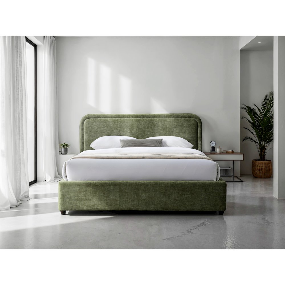 Chloe Upholstered Platform Queen Bed in Moss Green Fabric. Picture 6