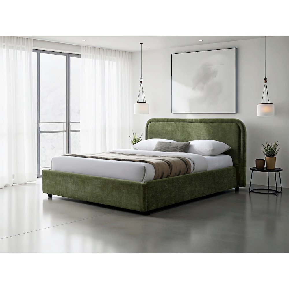 Chloe Upholstered Platform Queen Bed in Moss Green Fabric. Picture 5