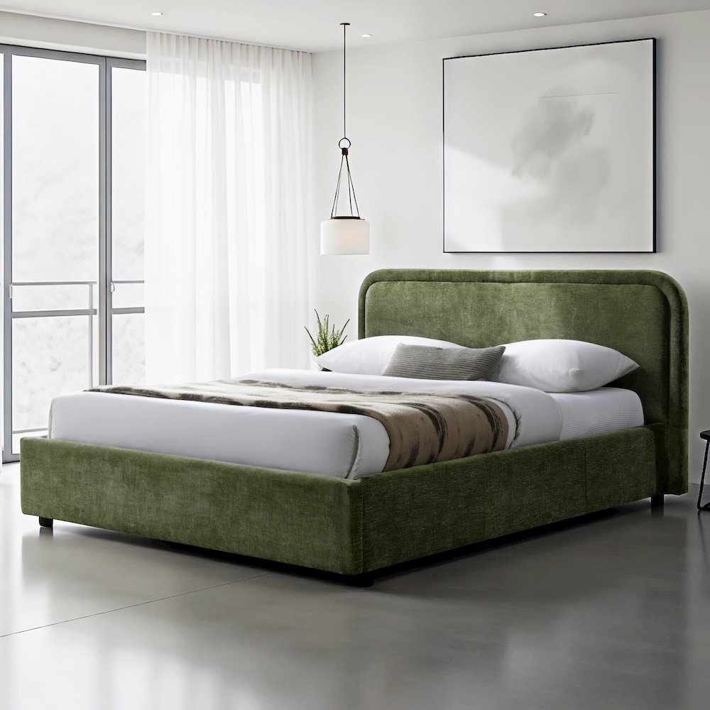 Chloe Upholstered Platform Queen Bed in Moss Green Fabric. Picture 7