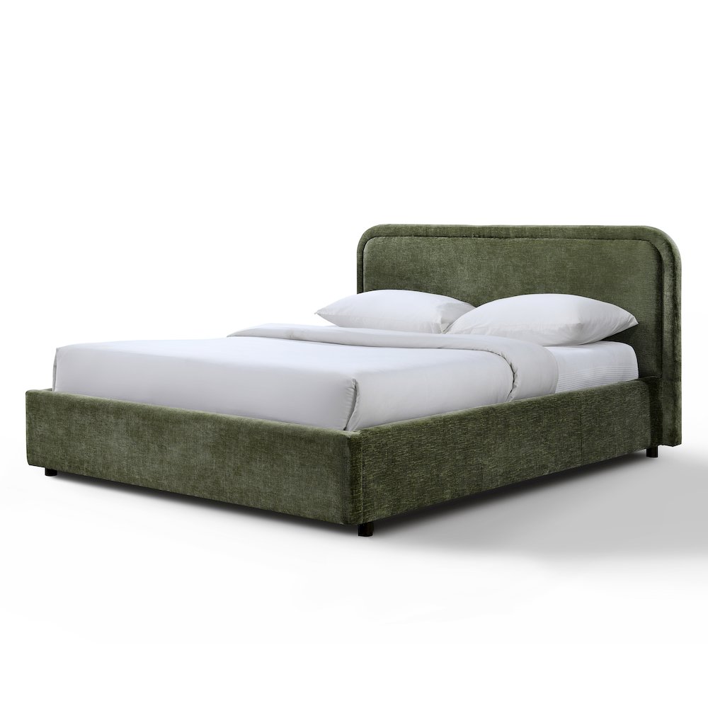 Chloe Upholstered Platform Queen Bed in Moss Green Fabric. Picture 1