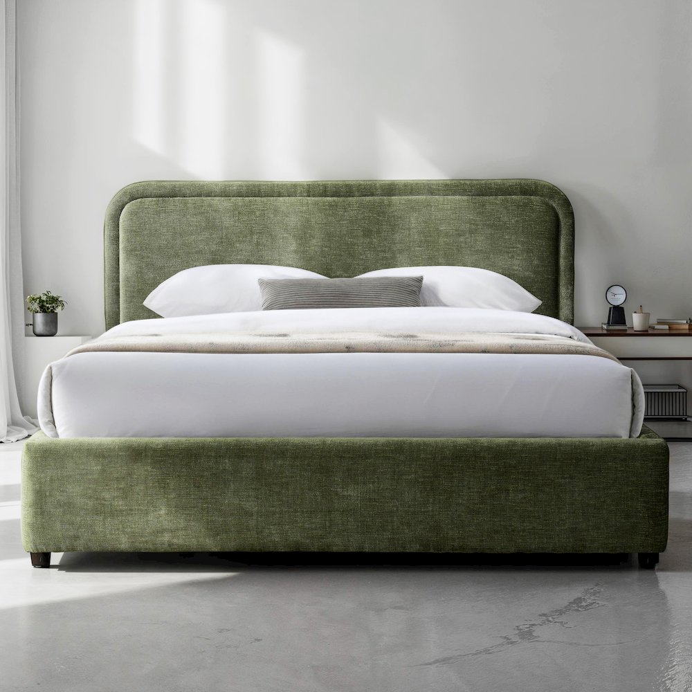 Chloe Upholstered Platform Queen Bed in Moss Green Fabric. Picture 4