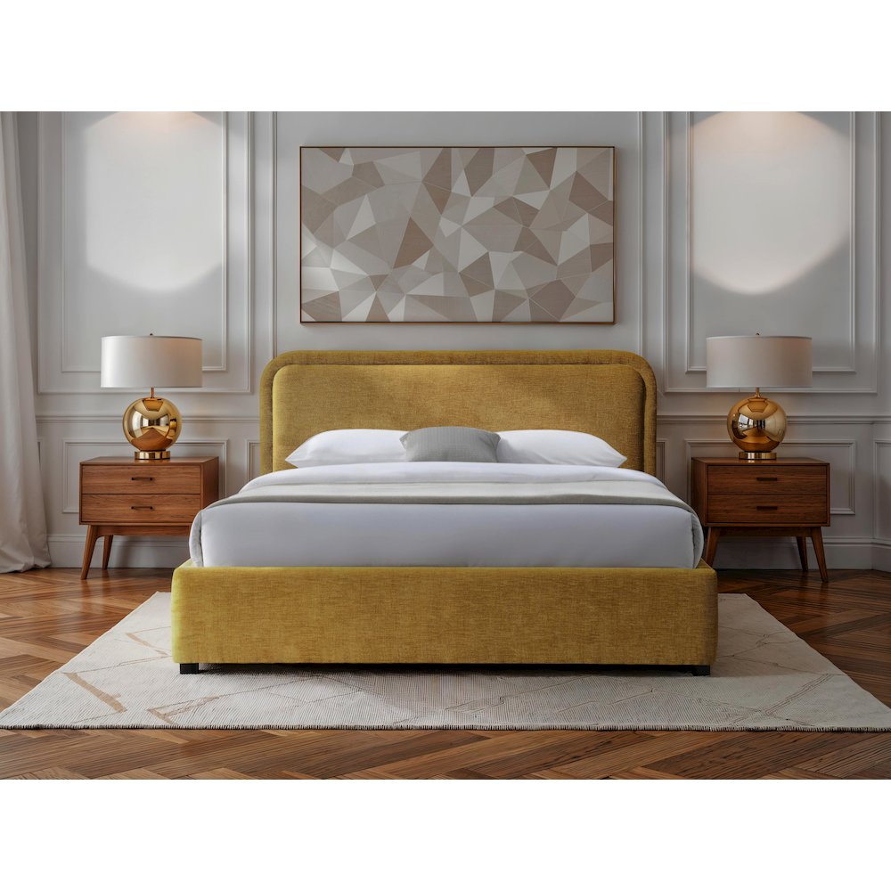 Chloe Upholstered Platform Queen Bed in Gold Fabric. Picture 6