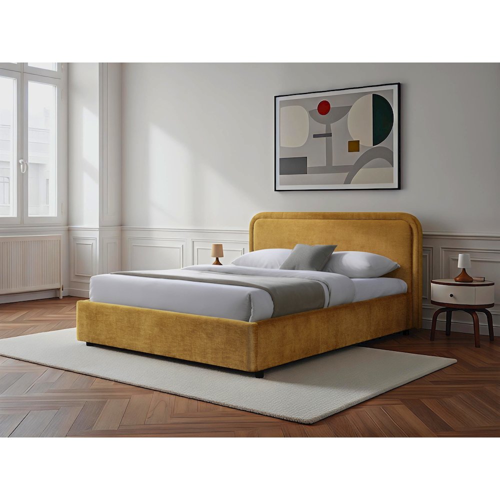 Chloe Upholstered Platform Queen Bed in Gold Fabric. Picture 5