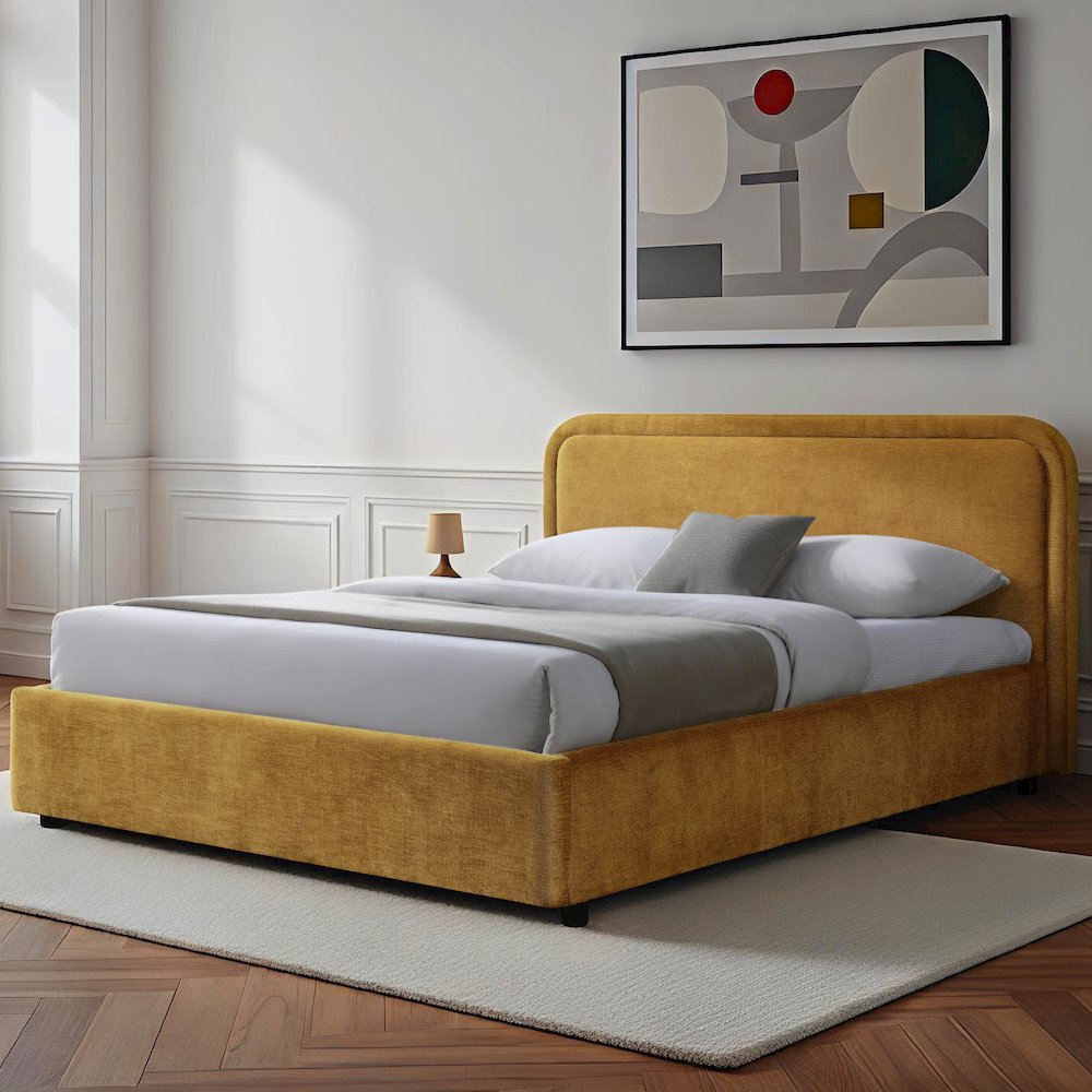 Chloe Upholstered Platform Queen Bed in Gold Fabric. Picture 7
