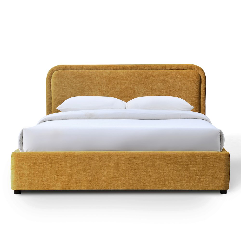 Chloe Upholstered Platform Queen Bed in Gold Fabric. Picture 1