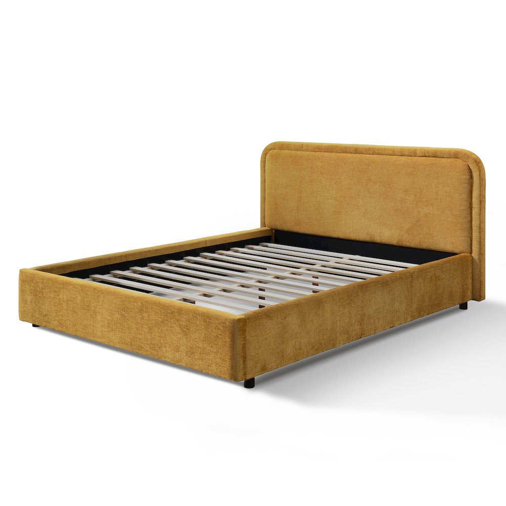 Chloe Upholstered Platform Queen Bed in Gold Fabric. Picture 3