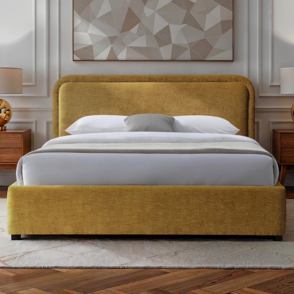 Chloe Upholstered Platform Queen Bed in Gold Fabric. Picture 4