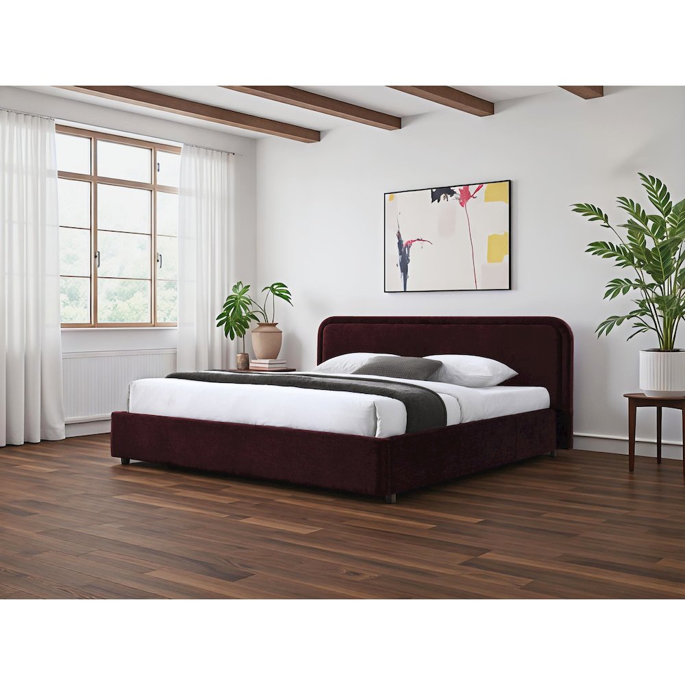 Chloe Upholstered Platform King Bed in Burgundy Fabric. Picture 6