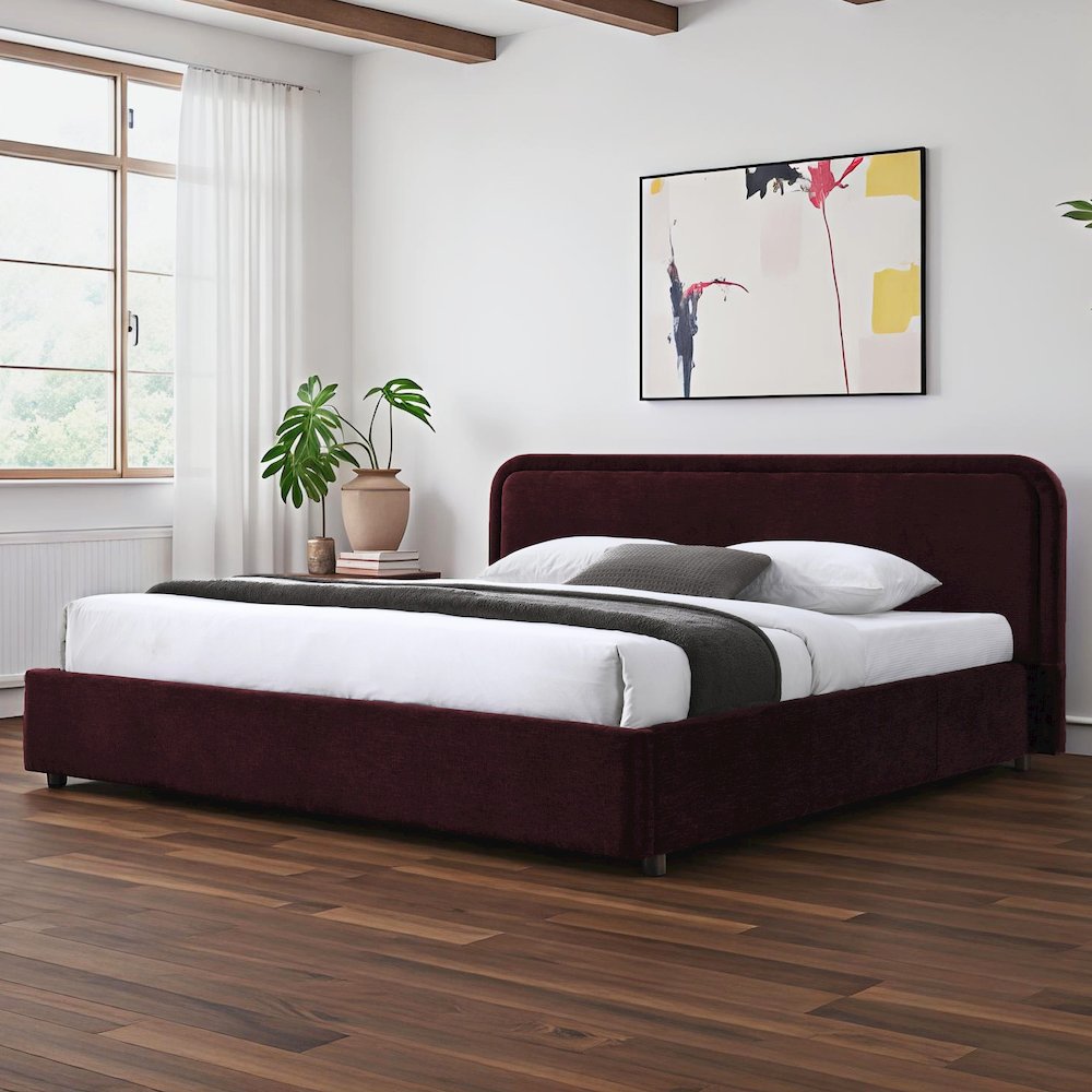 Chloe Upholstered Platform King Bed in Burgundy Fabric. Picture 7