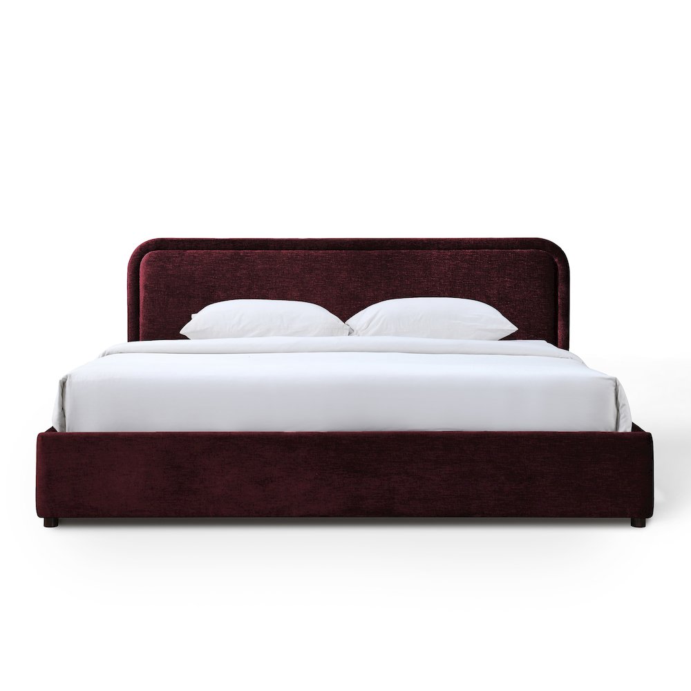Chloe Upholstered Platform King Bed in Burgundy Fabric. Picture 1