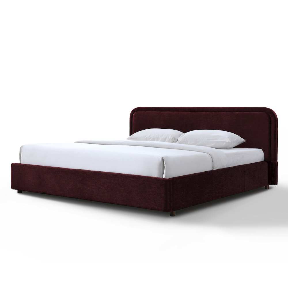 Chloe Upholstered Platform King Bed in Burgundy Fabric. Picture 2