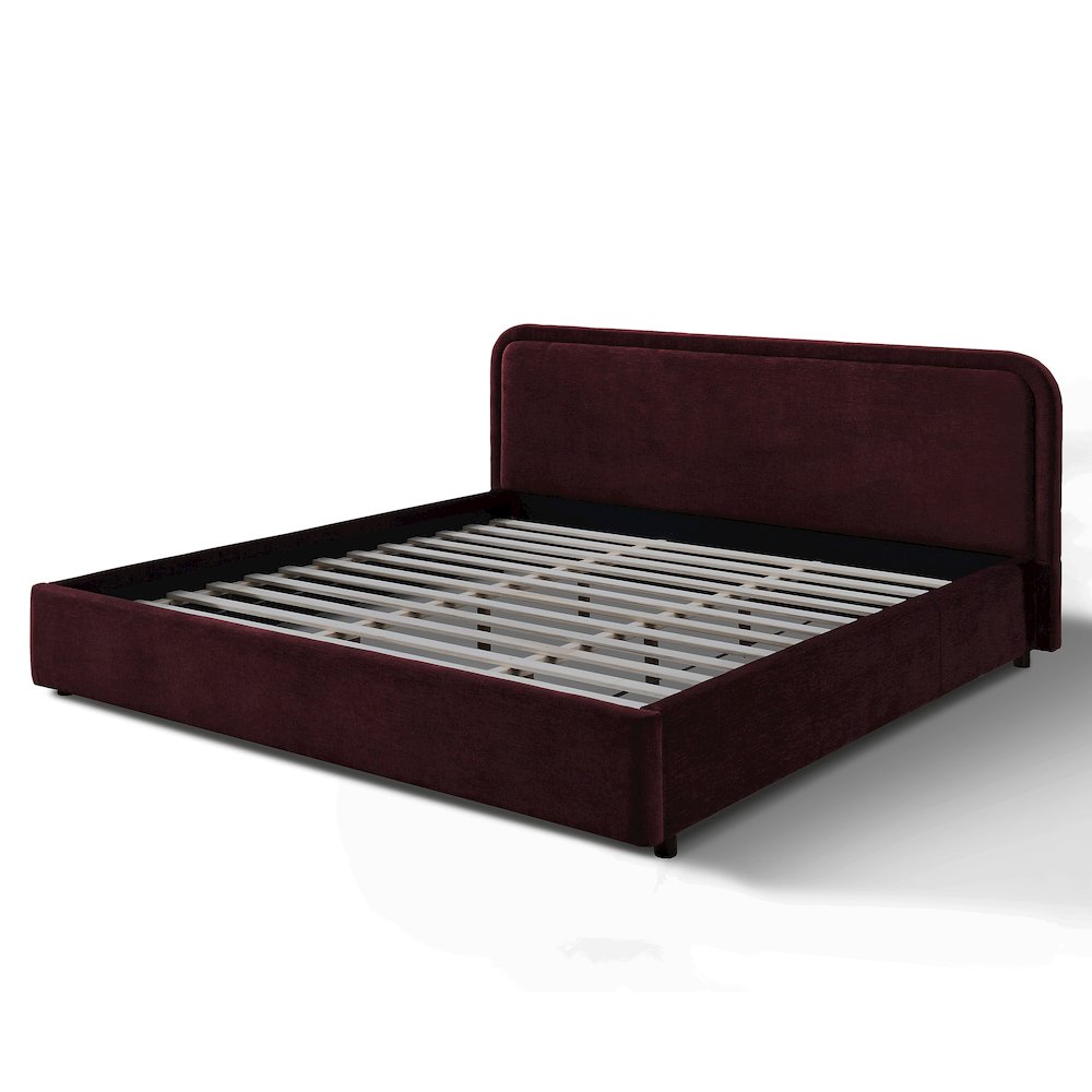 Chloe Upholstered Platform King Bed in Burgundy Fabric. Picture 3