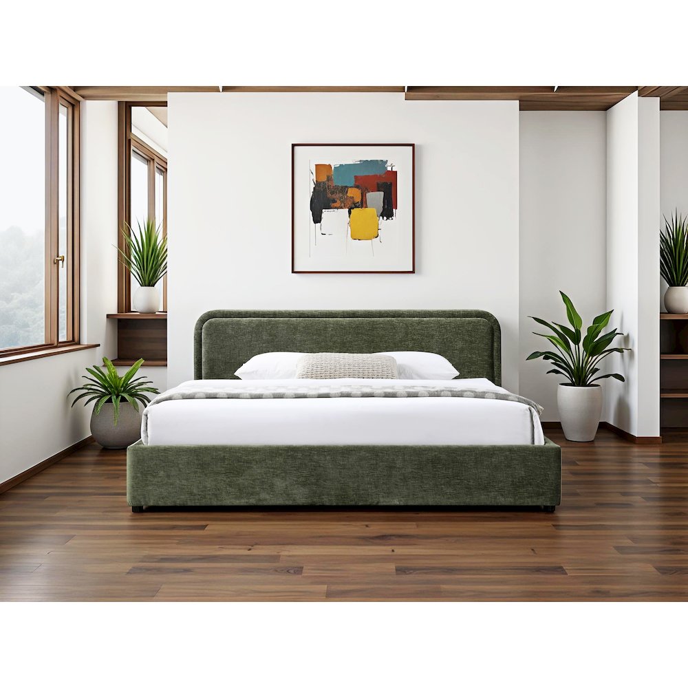 Chloe Upholstered Platform King Bed in Moss Green Fabric. Picture 5