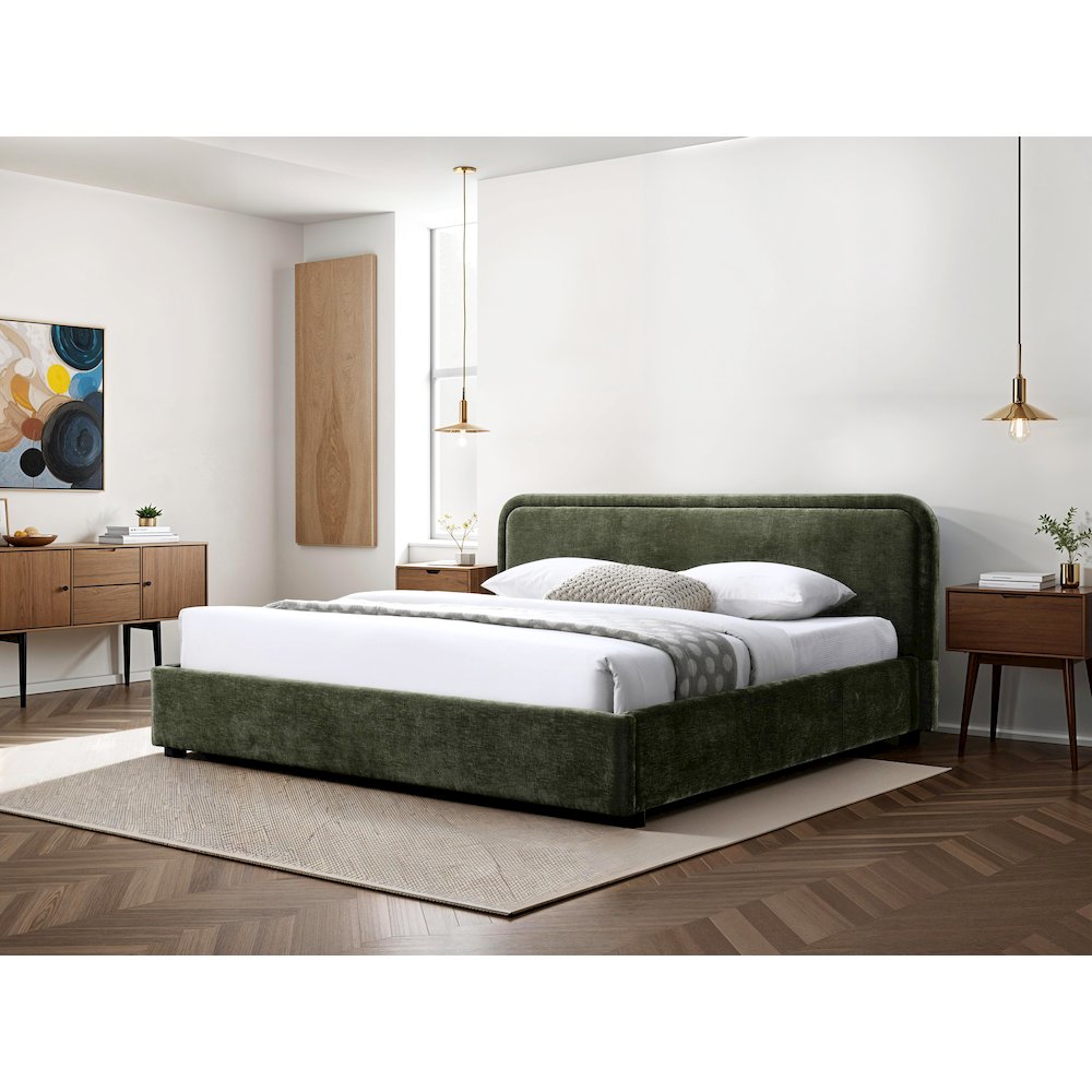 Chloe Upholstered Platform King Bed in Moss Green Fabric. Picture 6