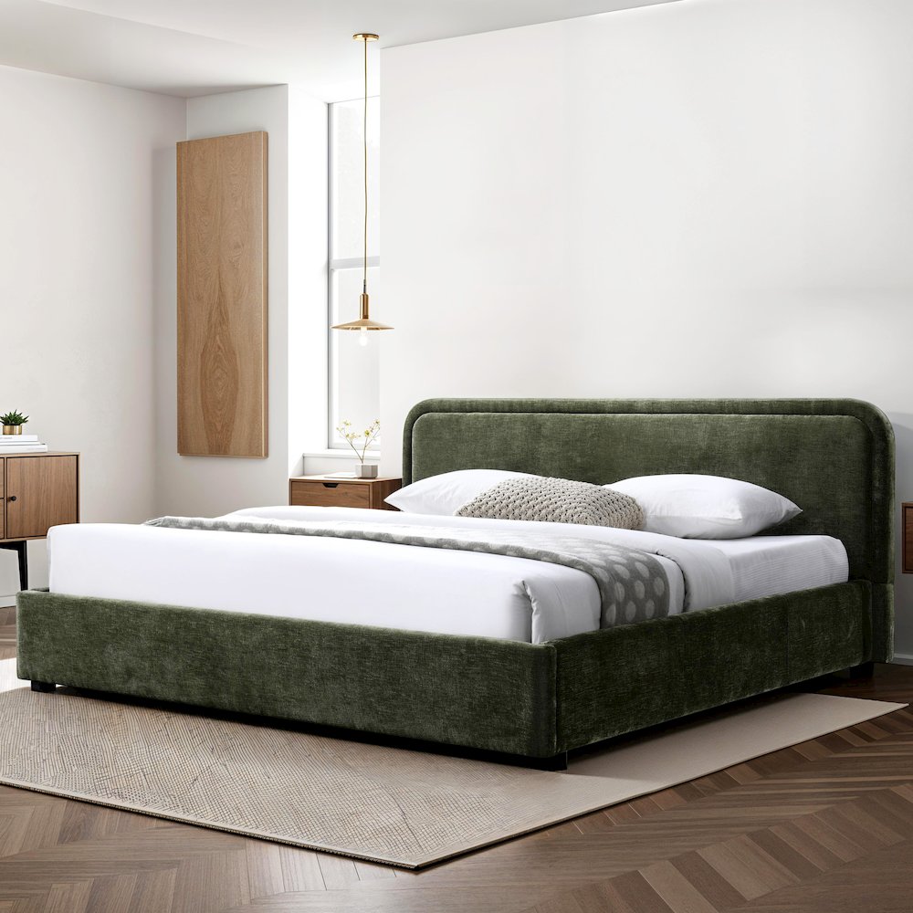 Chloe Upholstered Platform King Bed in Moss Green Fabric. Picture 7