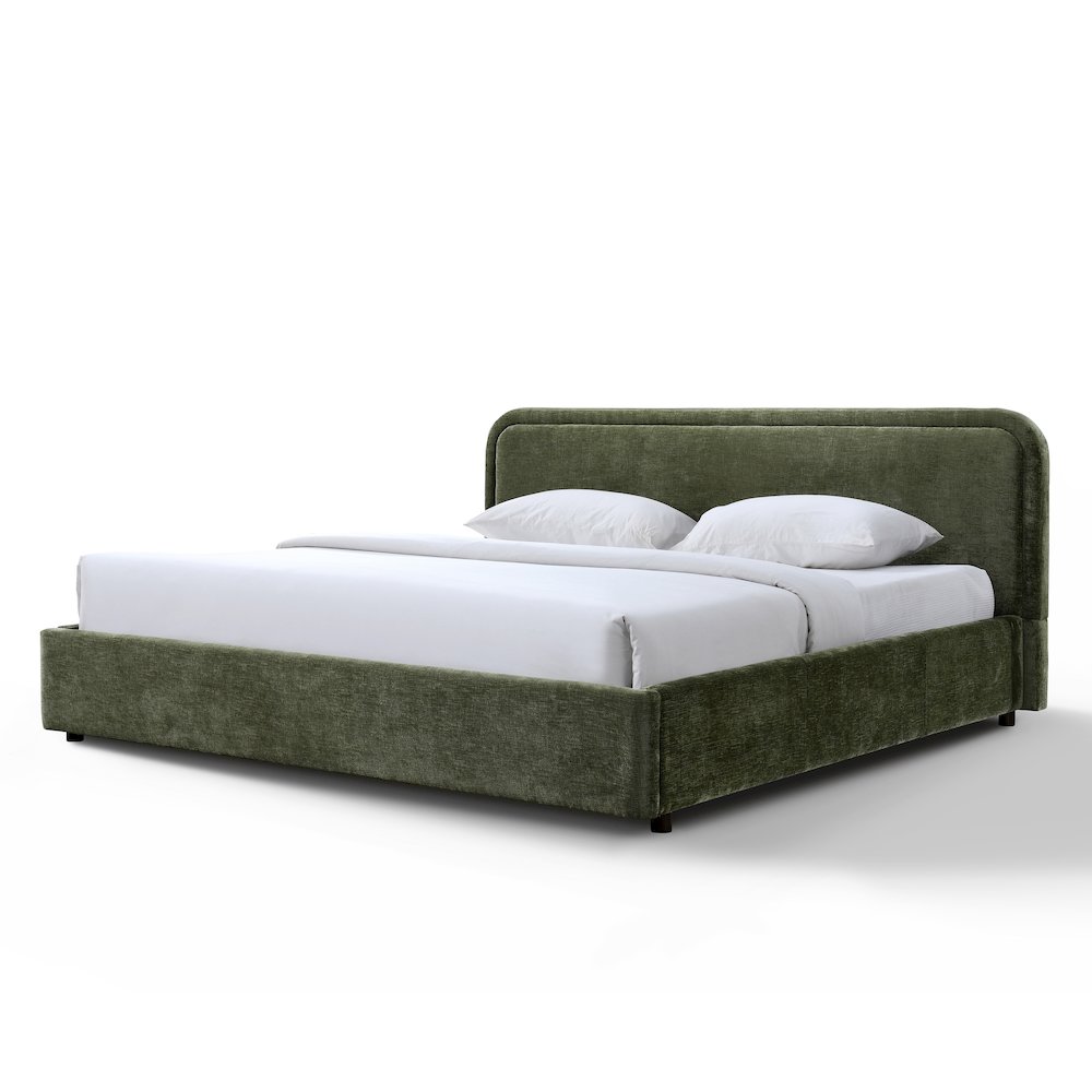 Chloe Upholstered Platform King Bed in Moss Green Fabric. Picture 1