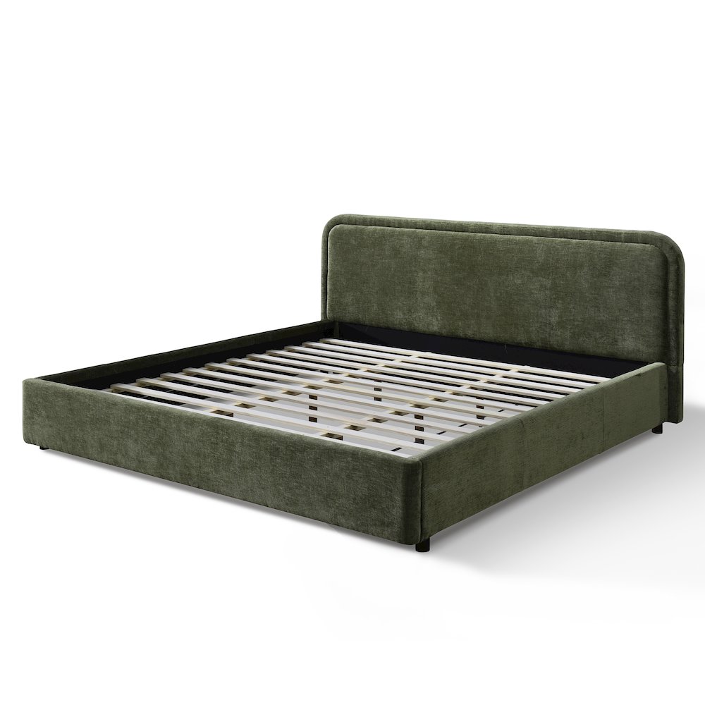 Chloe Upholstered Platform King Bed in Moss Green Fabric. Picture 3