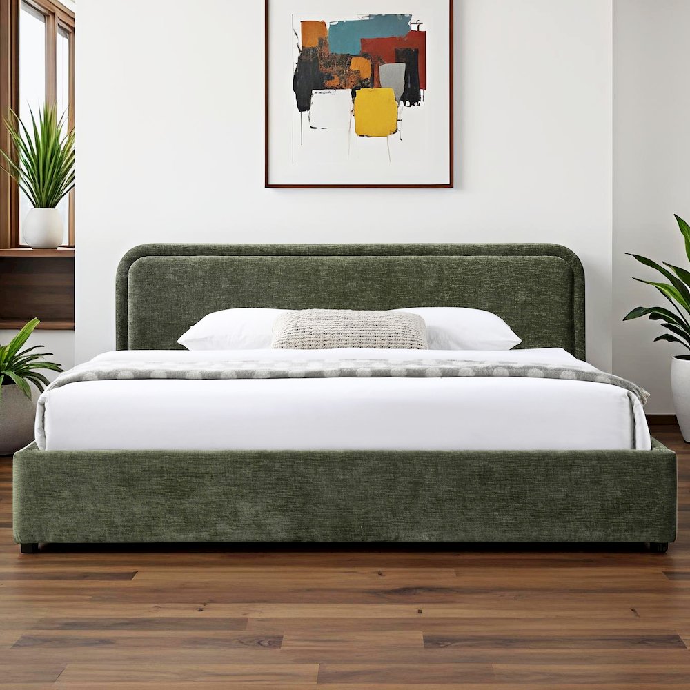 Chloe Upholstered Platform King Bed in Moss Green Fabric. Picture 4