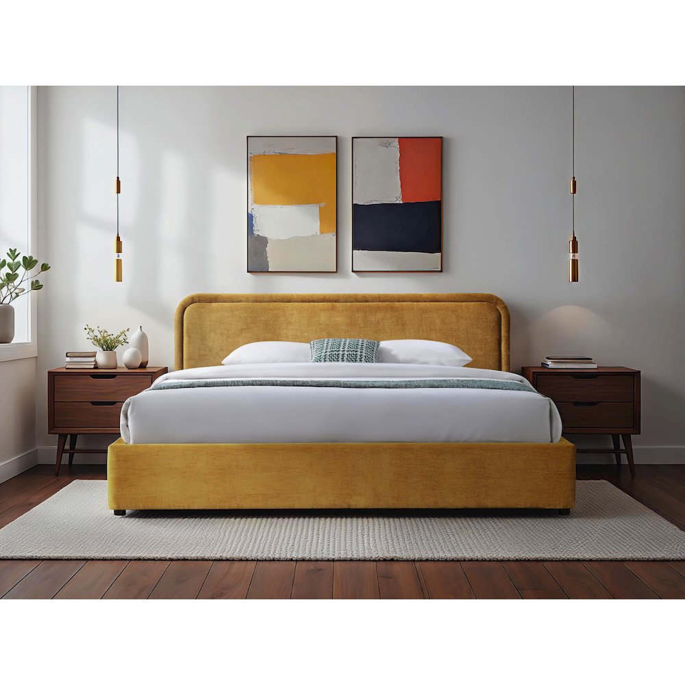 Chloe Upholstered Platform King Bed in Gold Fabric. Picture 5
