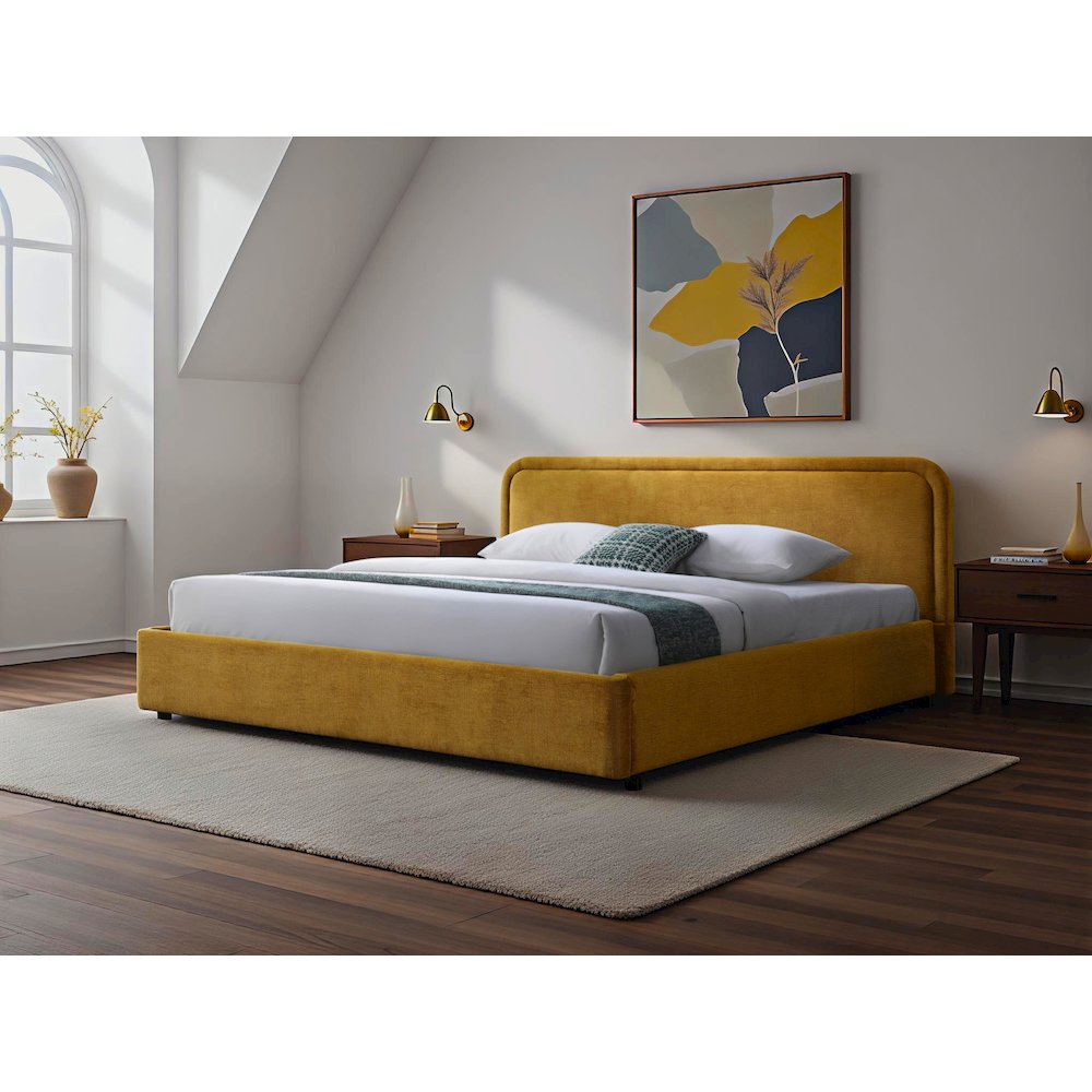 Chloe Upholstered Platform King Bed in Gold Fabric. Picture 6