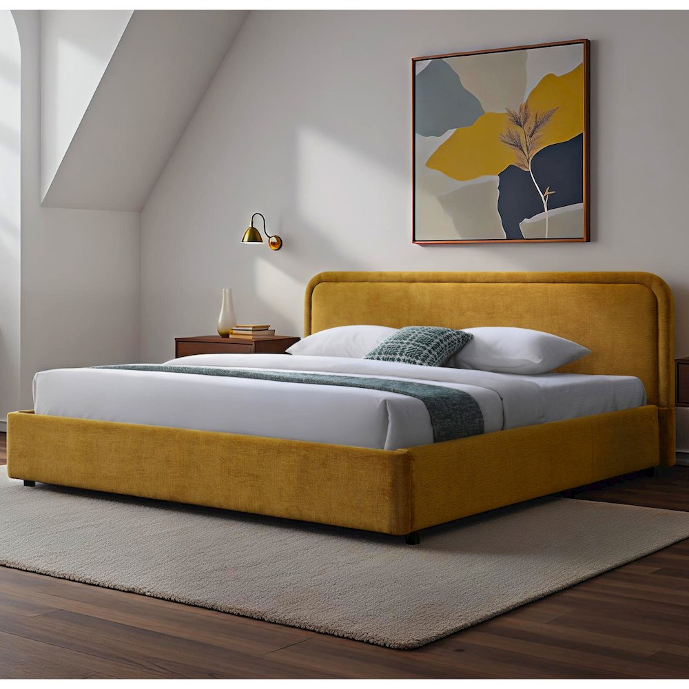 Chloe Upholstered Platform King Bed in Gold Fabric. Picture 7