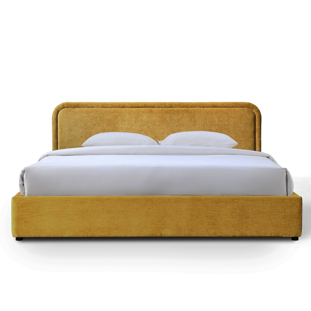 Chloe Upholstered Platform King Bed in Gold Fabric. Picture 1