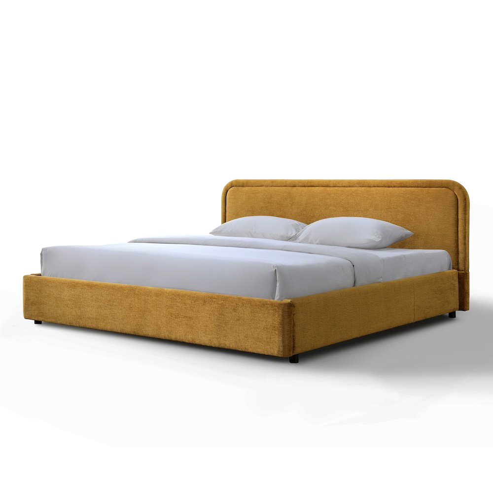 Chloe Upholstered Platform King Bed in Gold Fabric. Picture 2
