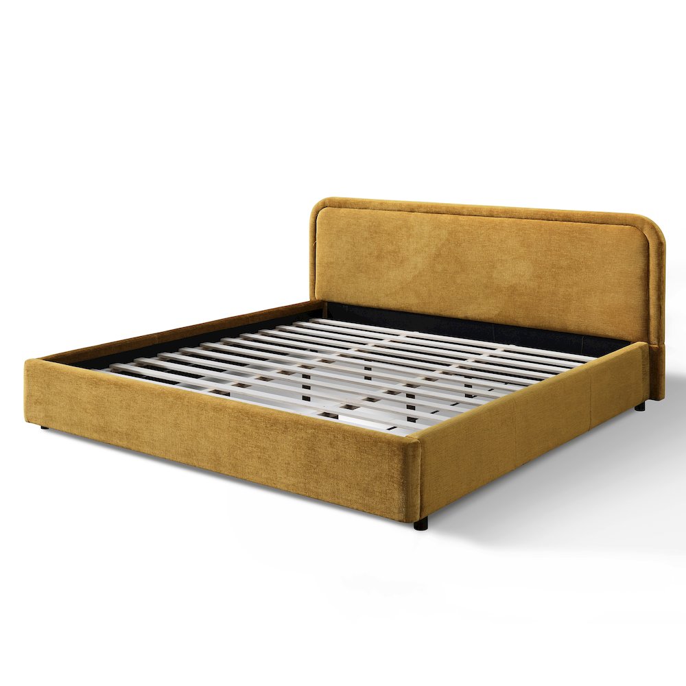 Chloe Upholstered Platform King Bed in Gold Fabric. Picture 3