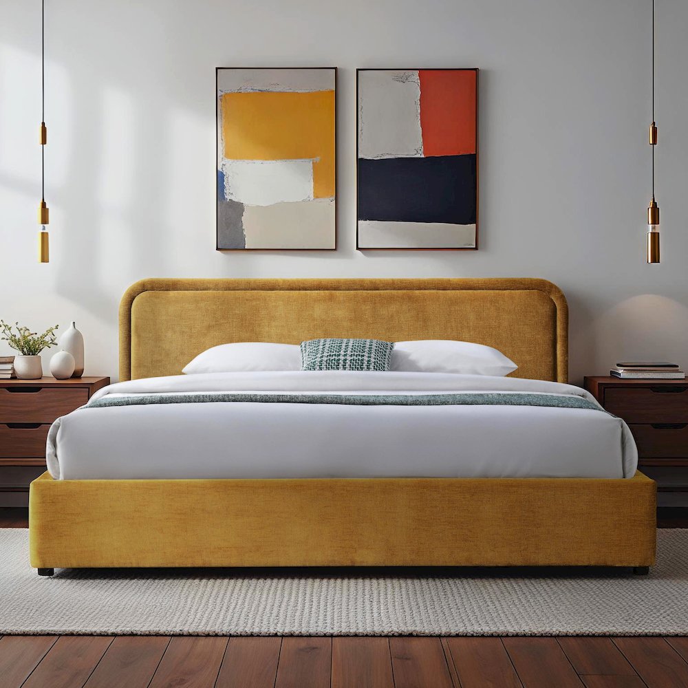 Chloe Upholstered Platform King Bed in Gold Fabric. Picture 4