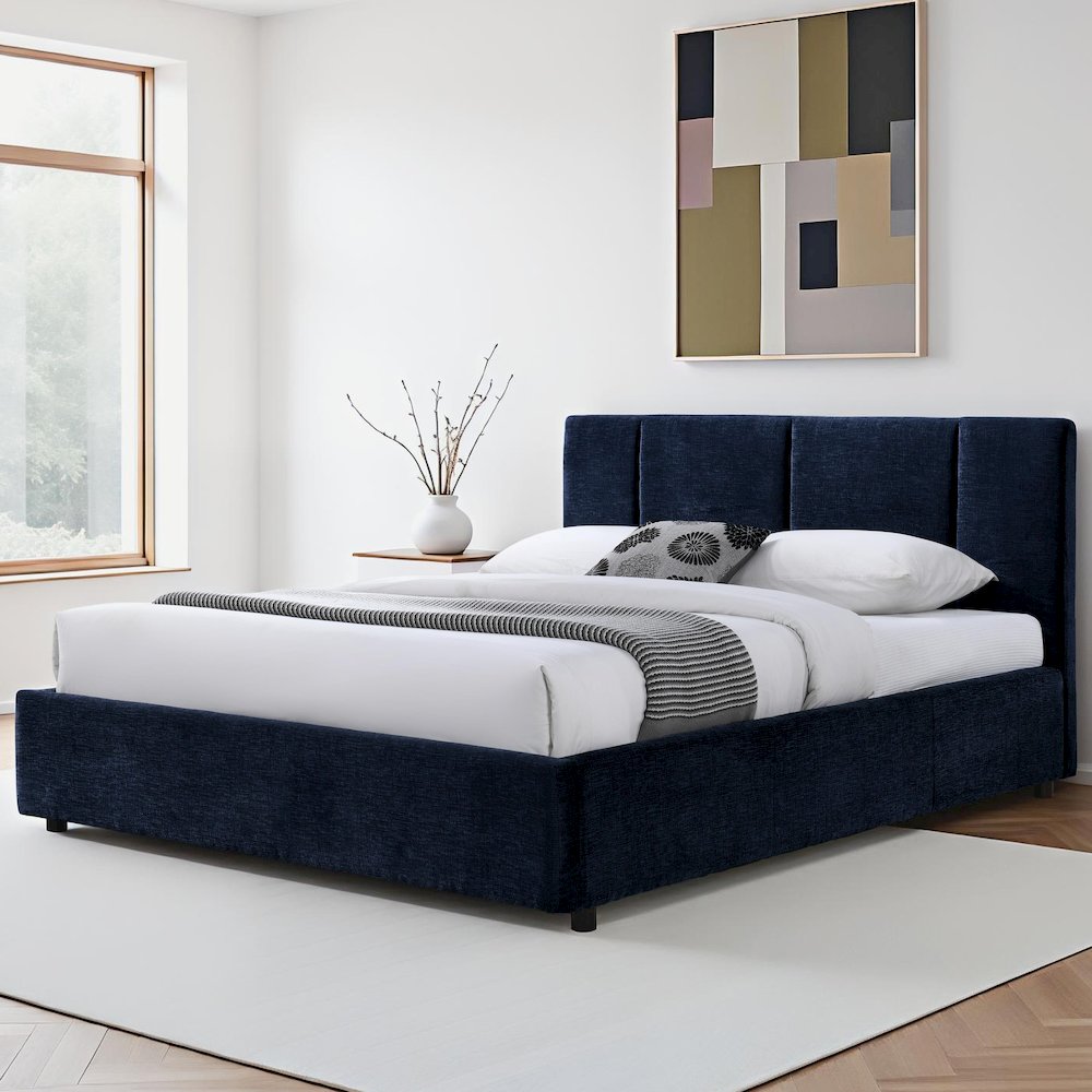Venice Upholstered Platform Queen Bed in Blue Fabric. Picture 7