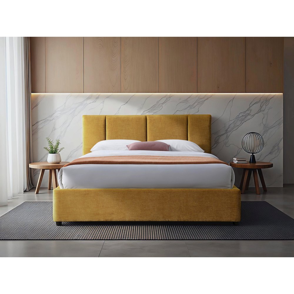 Venice Upholstered Platform Queen Bed in Gold Fabric. Picture 5