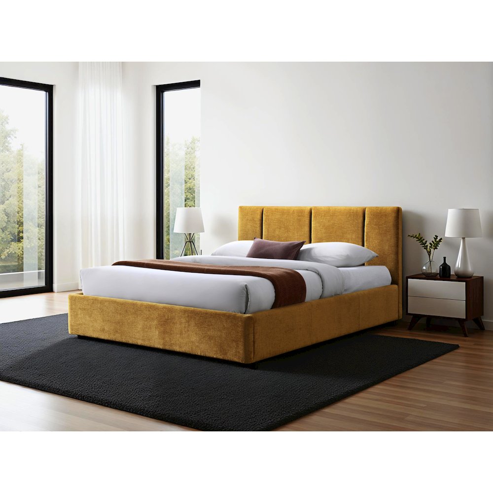 Venice Upholstered Platform Queen Bed in Gold Fabric. Picture 6