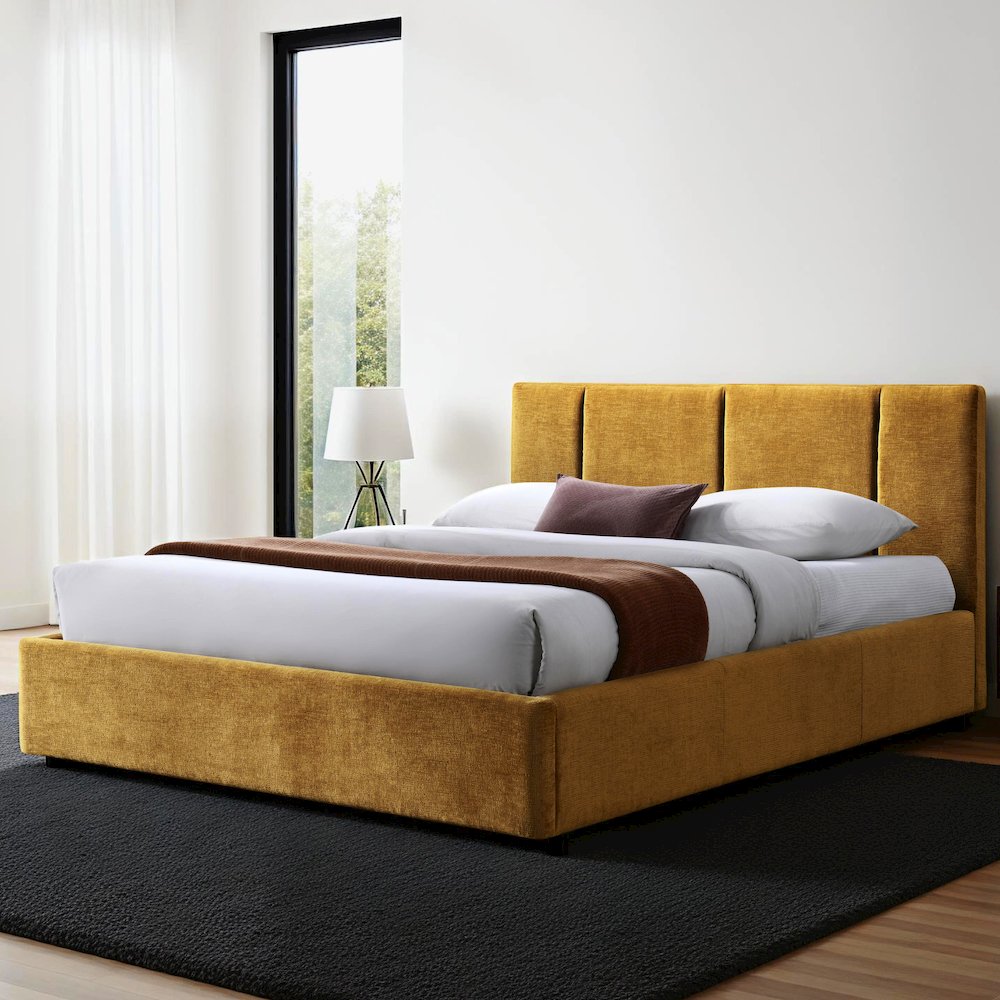 Venice Upholstered Platform Queen Bed in Gold Fabric. Picture 7