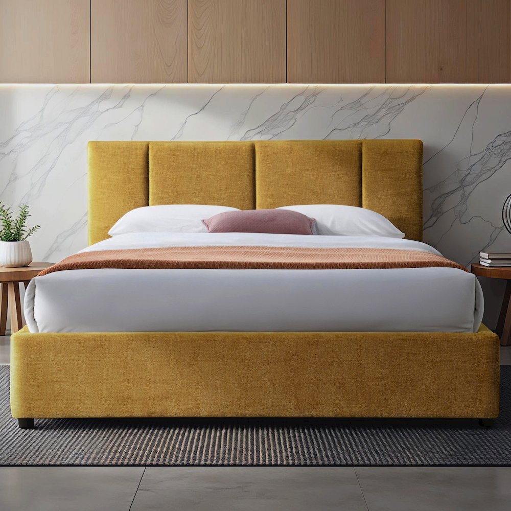 Venice Upholstered Platform Queen Bed in Gold Fabric. Picture 4