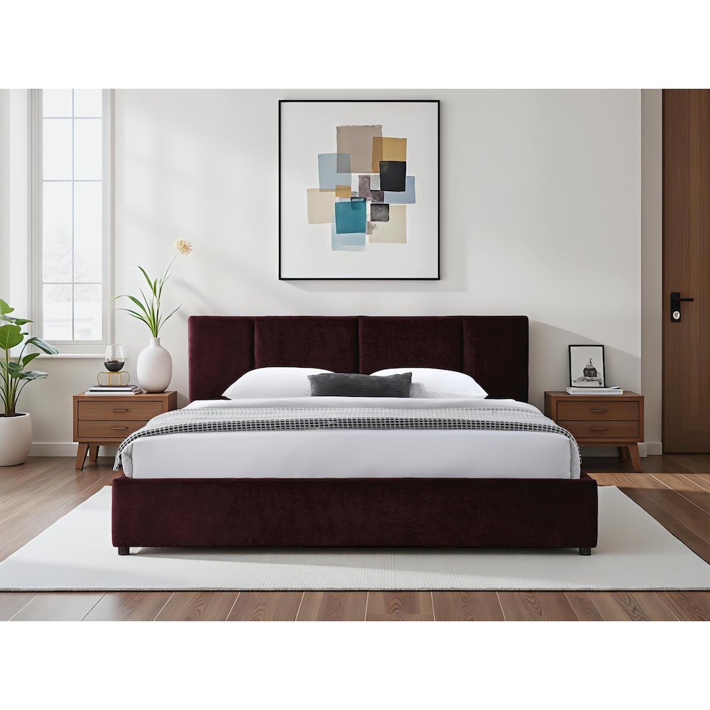 Venice Upholstered Platform King Bed in Burgundy Fabric. Picture 5
