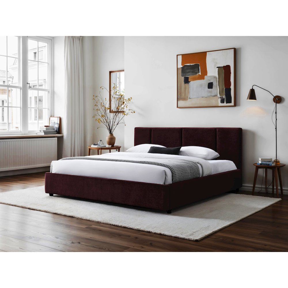 Venice Upholstered Platform King Bed in Burgundy Fabric. Picture 6