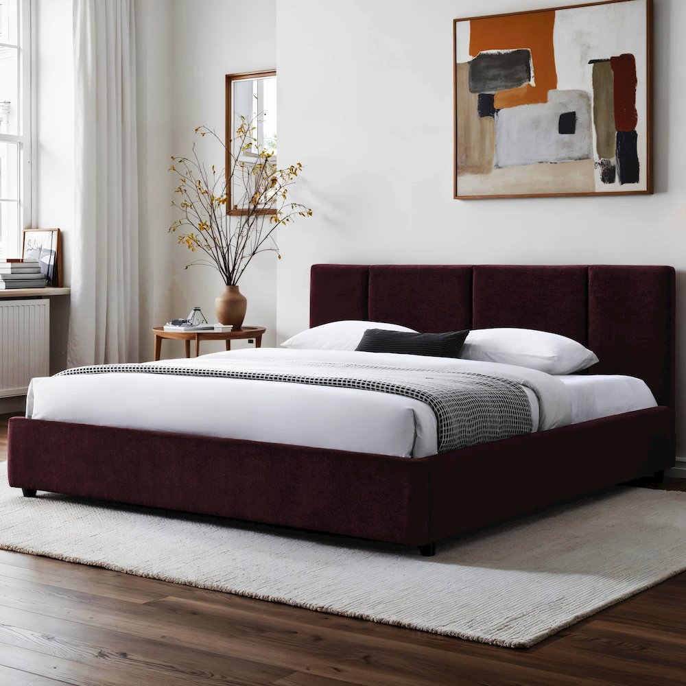 Venice Upholstered Platform King Bed in Burgundy Fabric. Picture 7