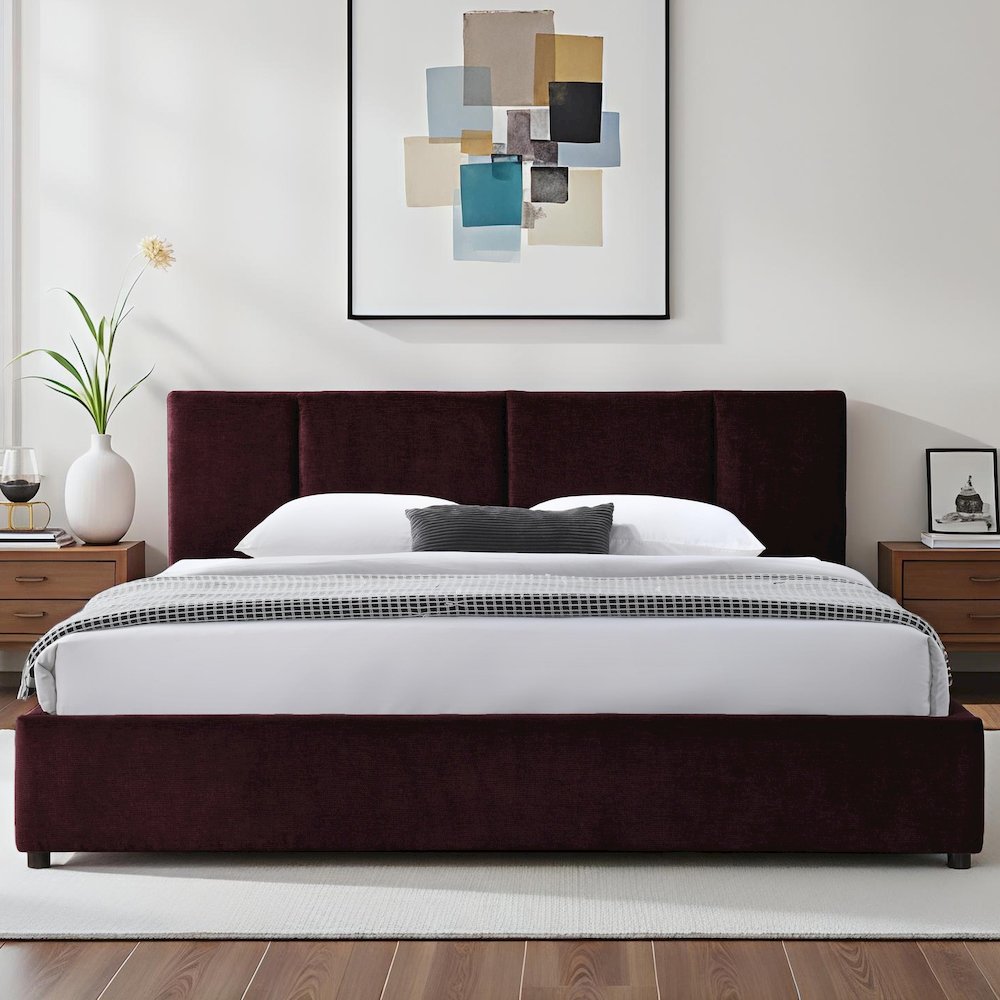 Venice Upholstered Platform King Bed in Burgundy Fabric. Picture 4