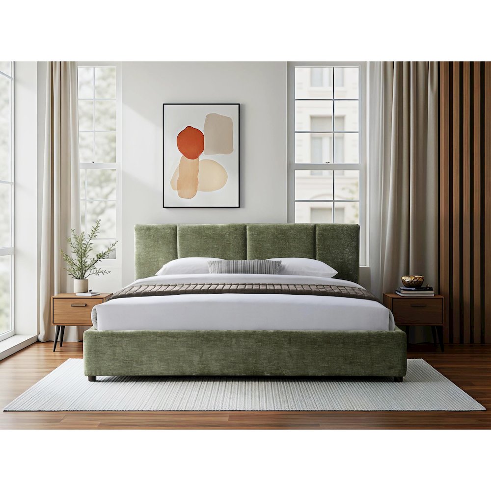 Venice Upholstered Platform King Bed in Moss Green Fabric. Picture 5