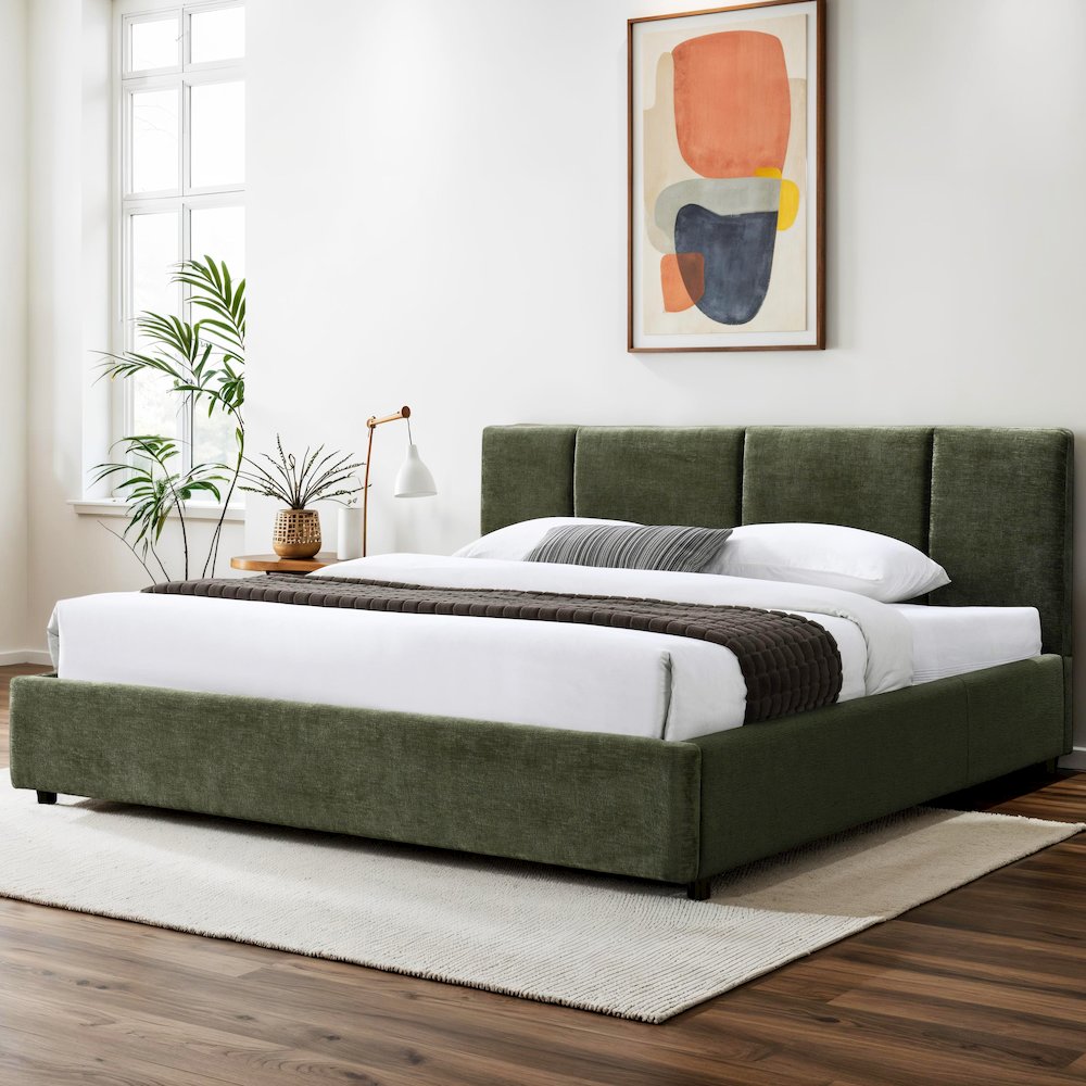 Venice Upholstered Platform King Bed in Moss Green Fabric. Picture 7