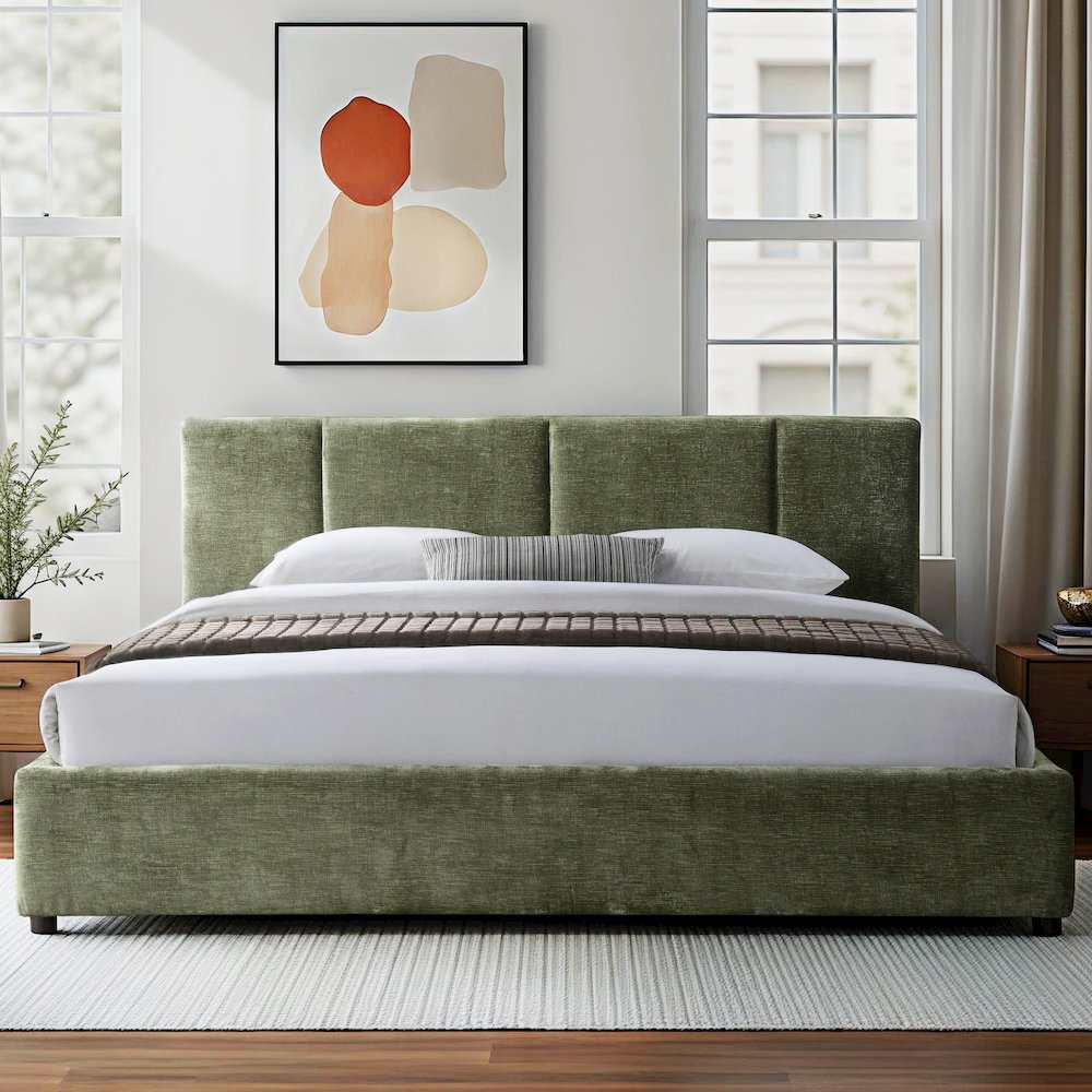 Venice Upholstered Platform King Bed in Moss Green Fabric. Picture 4