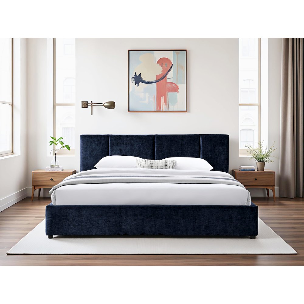 Venice Upholstered Platform King Bed in Blue Fabric. Picture 5