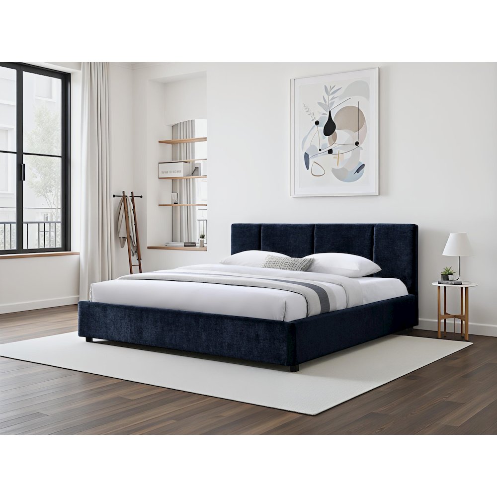Venice Upholstered Platform King Bed in Blue Fabric. Picture 6